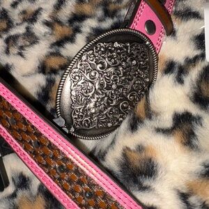 Studio Pink and Brown Belt with Intricate Silver Buckle